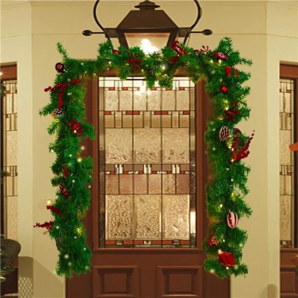 9 FT LED Christmas Garland with Pinecones Red Berries Bows Christmas Balls